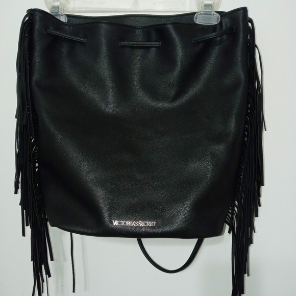 Victoria Secret black Drawstring Backpack With Fringe down both sides - Picture 1 of 13